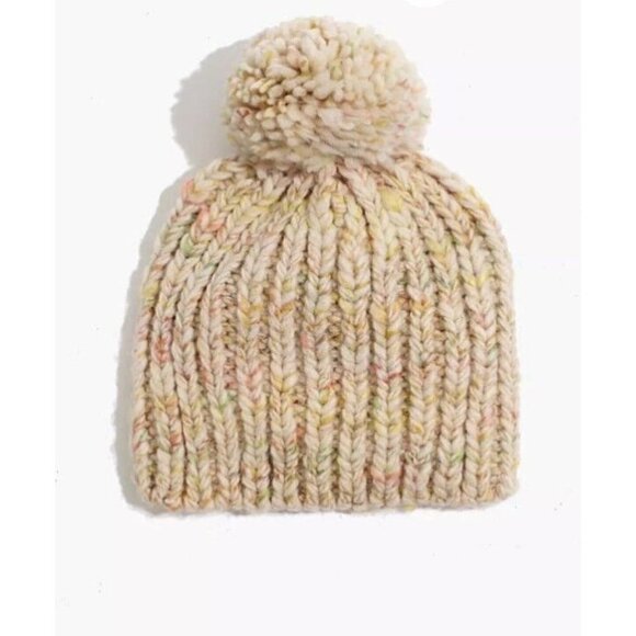 Madewell Chunky Pom-Pom Beanie. fall tones orange, brown, cream. warm. one size - Picture 1 of 7